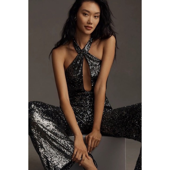 NWT Anthropologie Maeve Sequin Halter Jumpsuit, Carbon Sparkles, Size 14 - Picture 1 of 16
